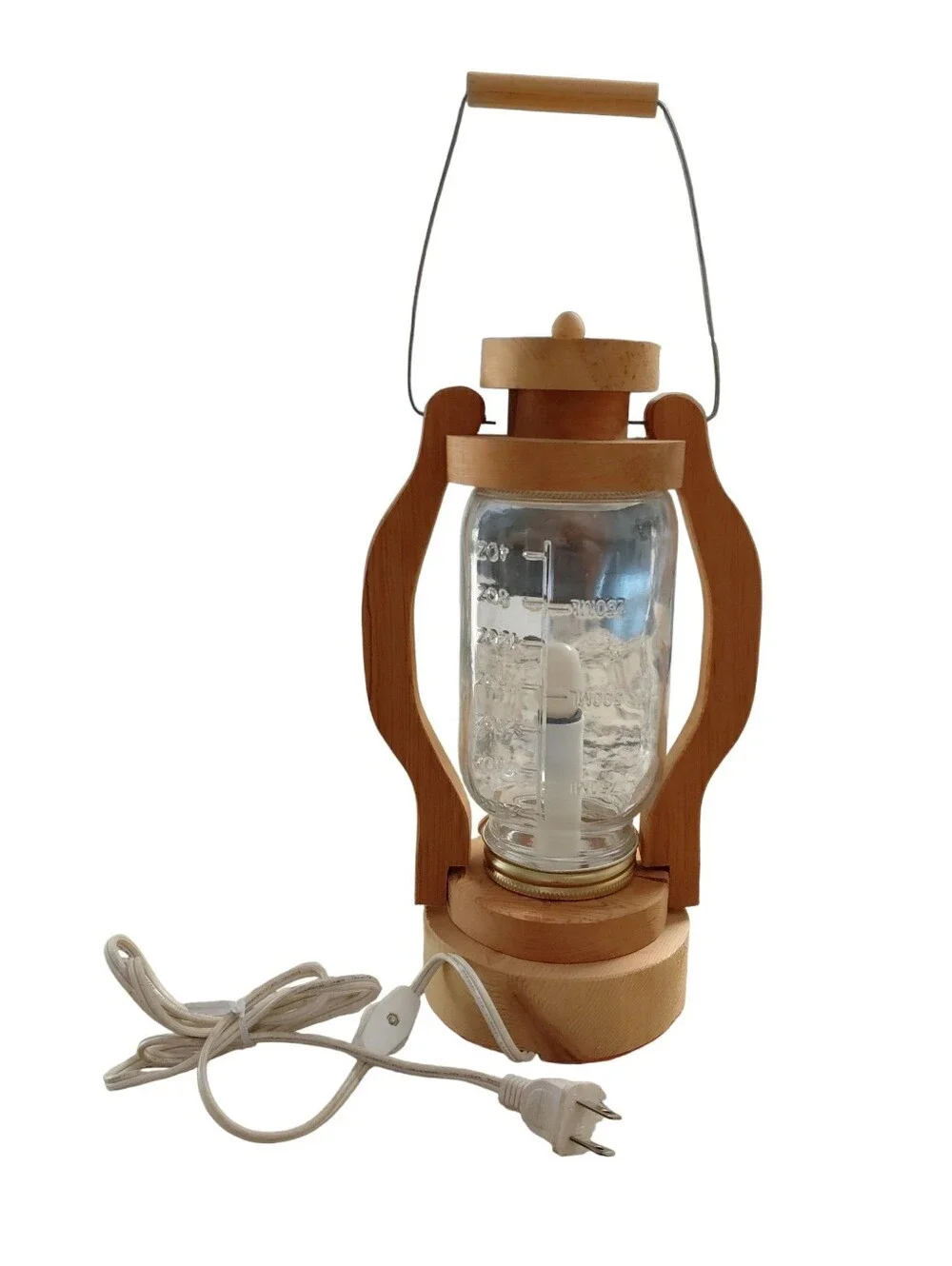 Handmade wooden electric lantern glass jar chimney Small white bulb Metal Handle